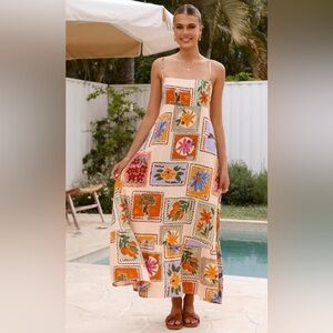 NEW PAPER HEART Size S Linen Maxi Dress STAMP PRINT SPAGHETTI STRAP